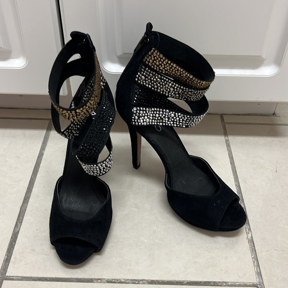 Aldo Rhinestones Black and Gold Strappy Open Toe Women's Heels | Size 6 - Picture 2 of 9